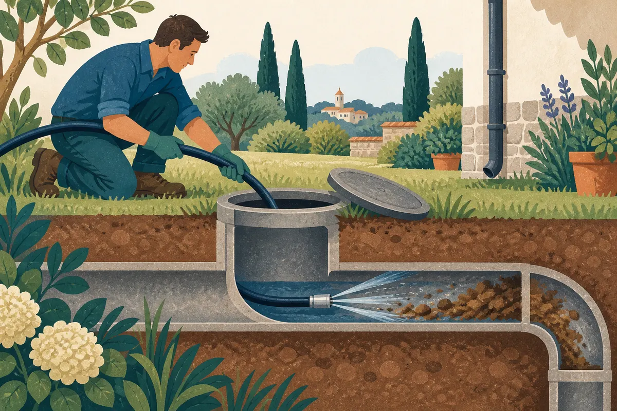 Illustration : Nettoyage d’une canalisation avec un flexible à eau.