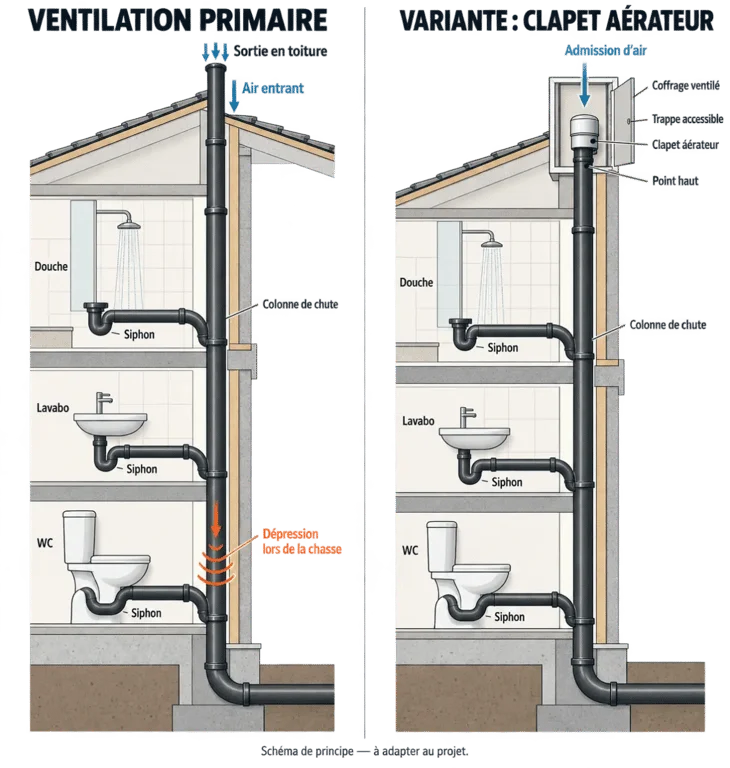 Schéma de décompression WC avec ventilation primaire et clapet aérateur en point haut