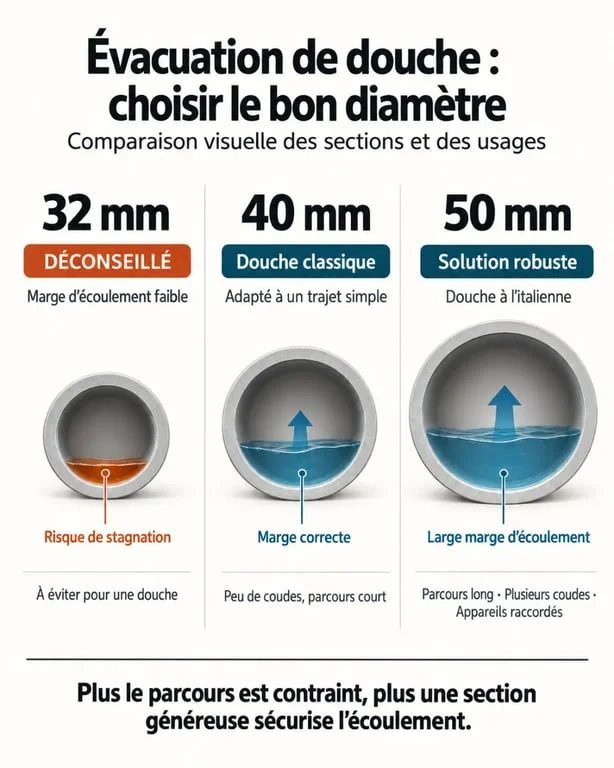 Comparaison du diamètre évacuation douche en 32, 40 et 50 mm selon la configuration