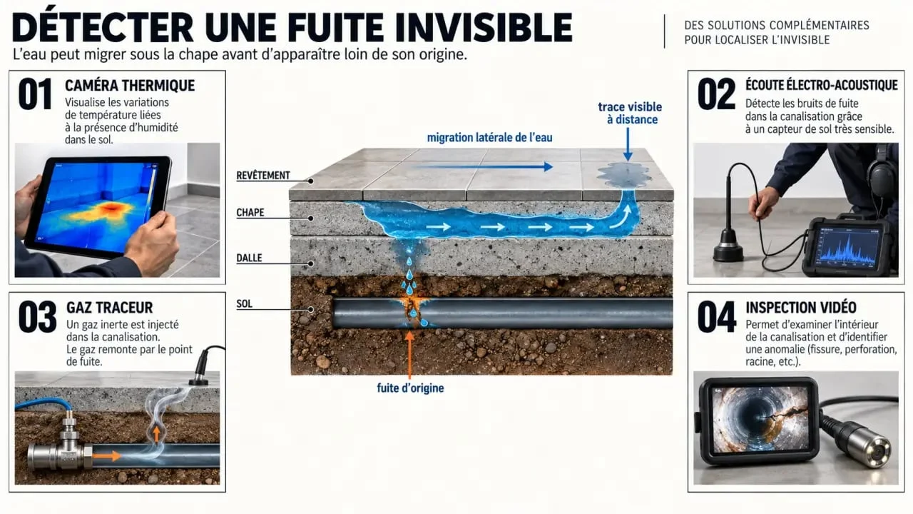 Schéma de détection d'une fuite d'eau sur canalisation enterrée sous chape