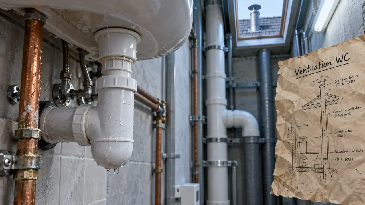 Illustration : Ventilation primaire des WC : la sortie en toiture reste la référence, le clapet a ses limites