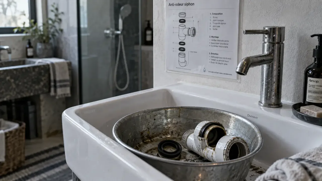 Illustration : Produit anti-odeur pour canalisation : masquer l’odeur ne répare pas un siphon défectueux