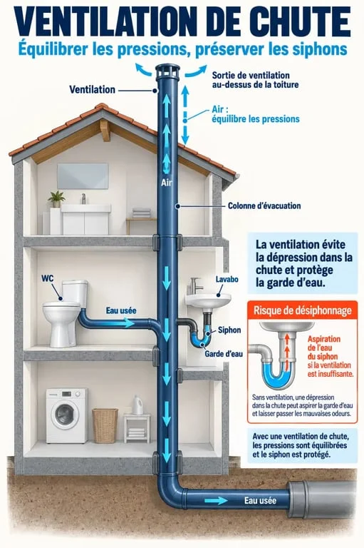 Schéma du fonctionnement d'une ventilation de chute avec siphon, garde d'eau et sortie en toiture