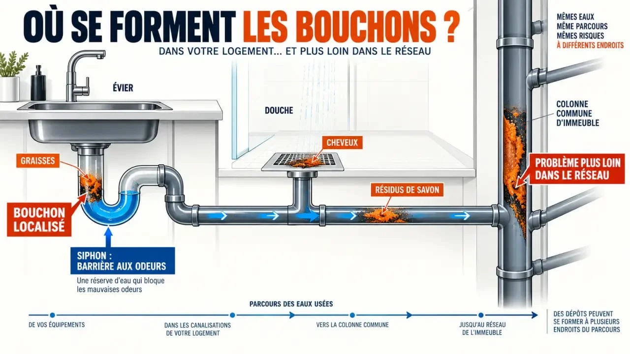 Schéma de l’entretien des canalisations montrant le siphon, les zones d’accumulation et le réseau d’évacuation