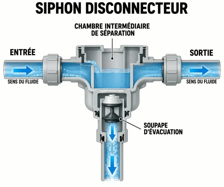 Schéma d'un siphon disconnecteur montrant la chambre intermédiaire et la soupape d'évacuation