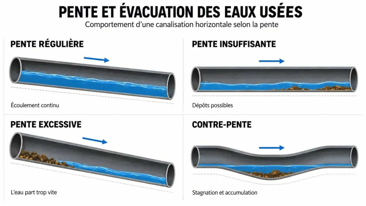 Schéma des bonnes et mauvaises pentes pour une pente évacuation eaux usées