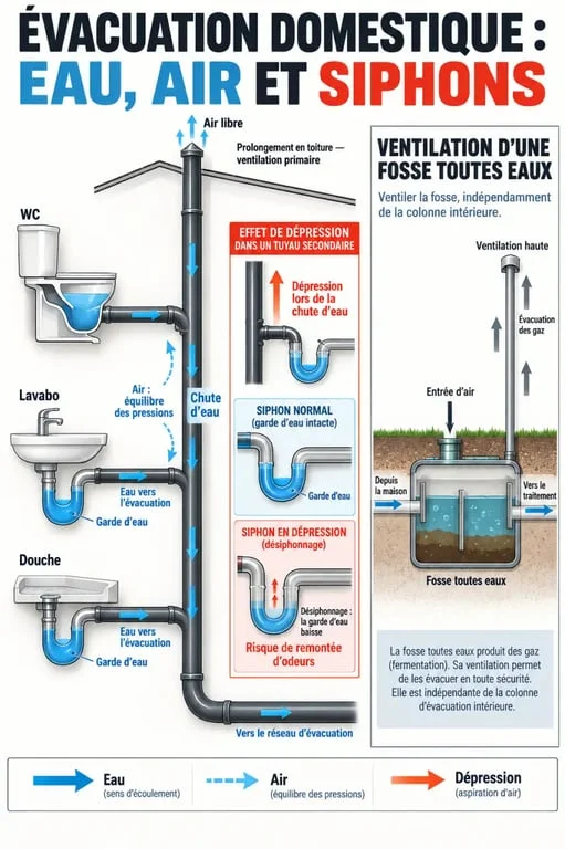 Schéma de ventilation primaire WC avec colonne de chute, siphons et sortie en toiture