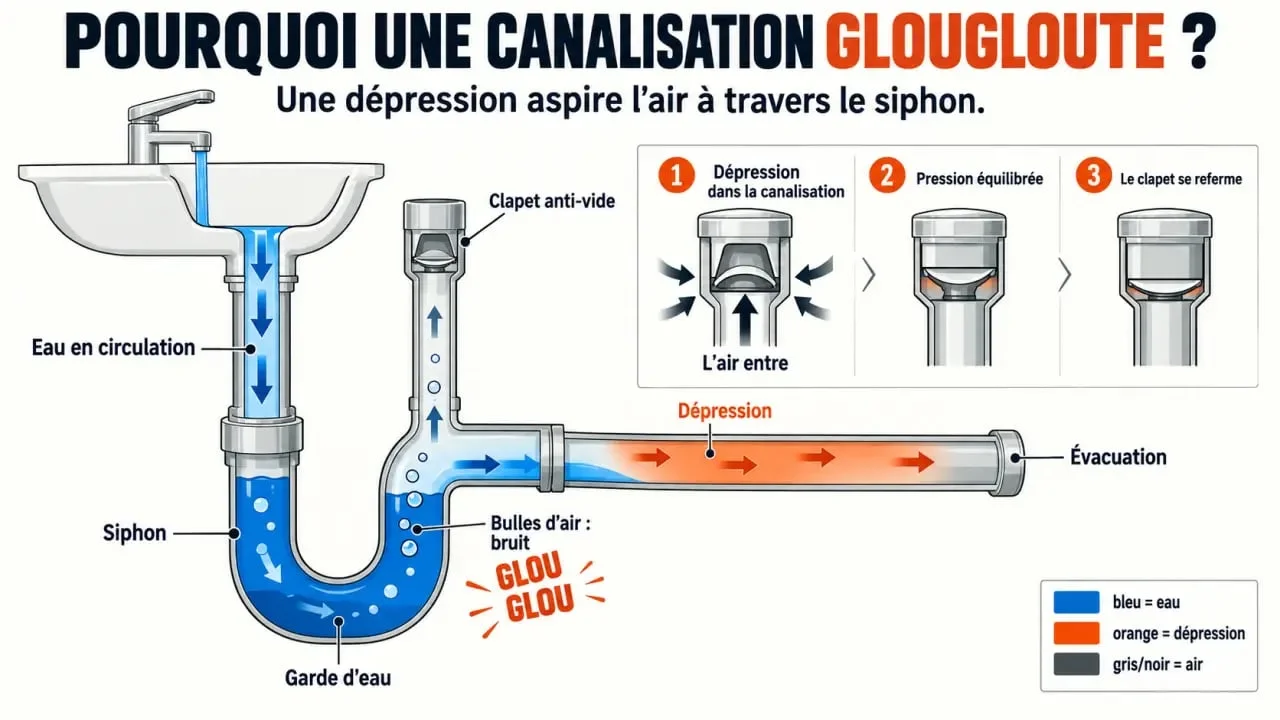 Schéma du fonctionnement d'un anti glouglou avec dépression, siphon, garde d'eau et clapet anti-vide