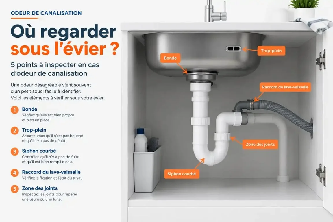 Infographie sur l'odeur de canalisation dans la cuisine et les zones à vérifier sous l'évier