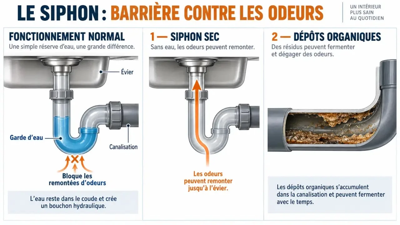 Schéma du fonctionnement d’un produit odeurs canalisations et du rôle du siphon contre les remontées d’odeurs
