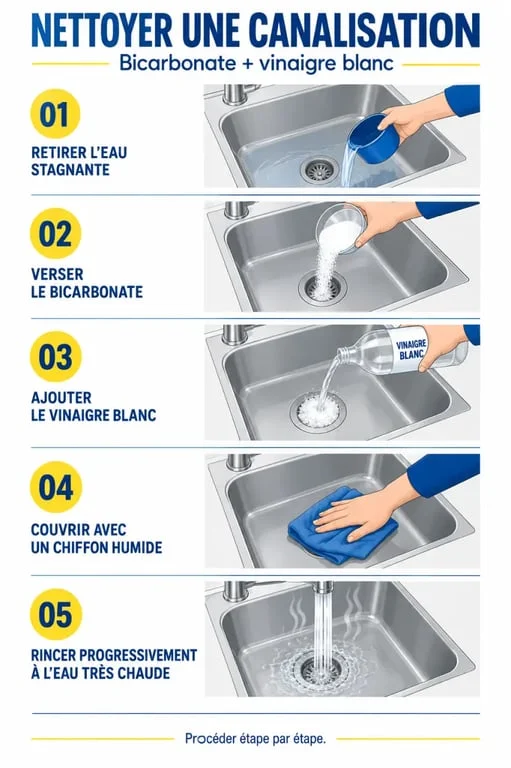 Étapes pour nettoyer une canalisation avec du bicarbonate et du vinaigre blanc