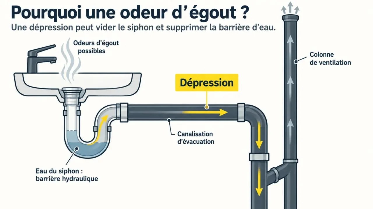 Schéma expliquant une odeur d’égout dans la maison, le siphon, la barrière hydraulique et la ventilation des canalisations