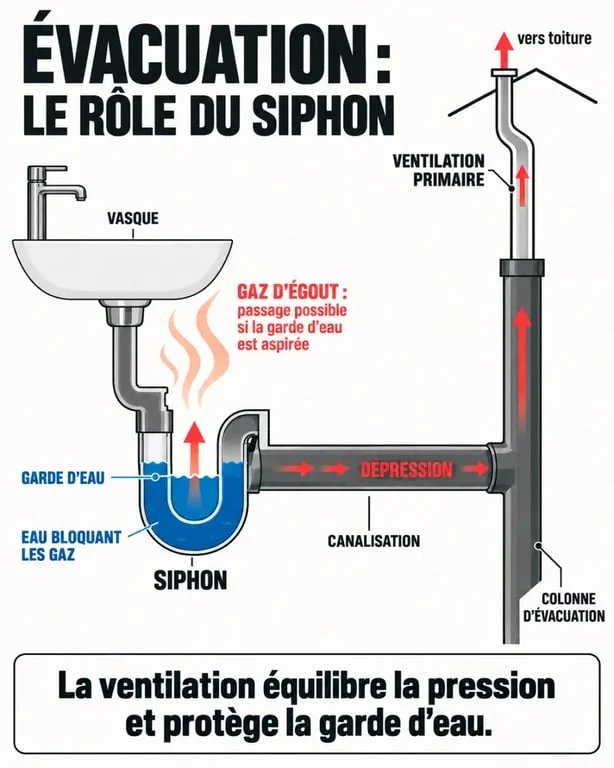 Schéma du siphon et de la ventilation expliquant l'odeur d'égout dans la salle de bain quand il pleut