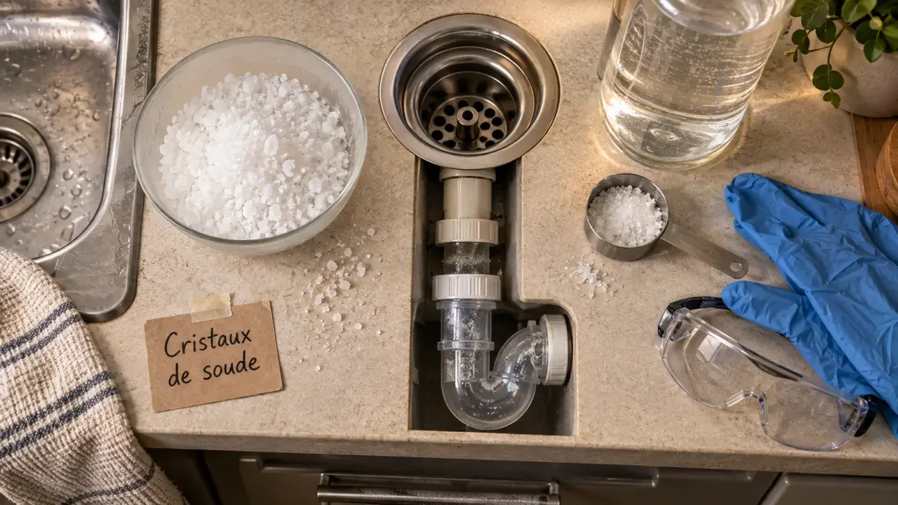 Illustration : Cristaux de soude canalisation : 100 g, 1 litre et le geste qui protège le PVC