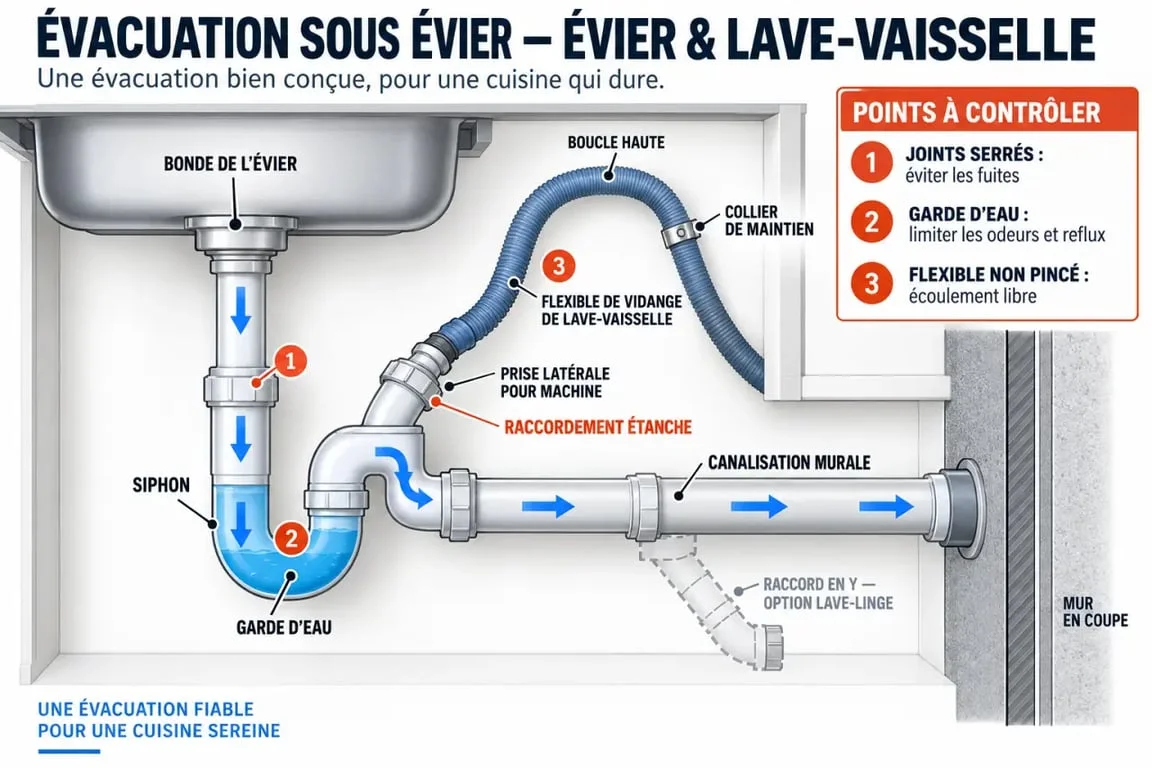 Schéma d'une évacuation d'évier lave-vaisselle avec siphon, prise machine et flexible de vidange