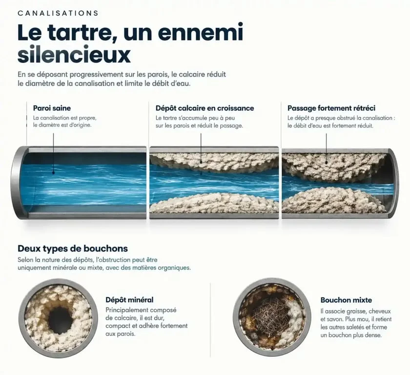 Infographie sur le calcaire dans une canalisation et la réduction du diamètre du tuyau