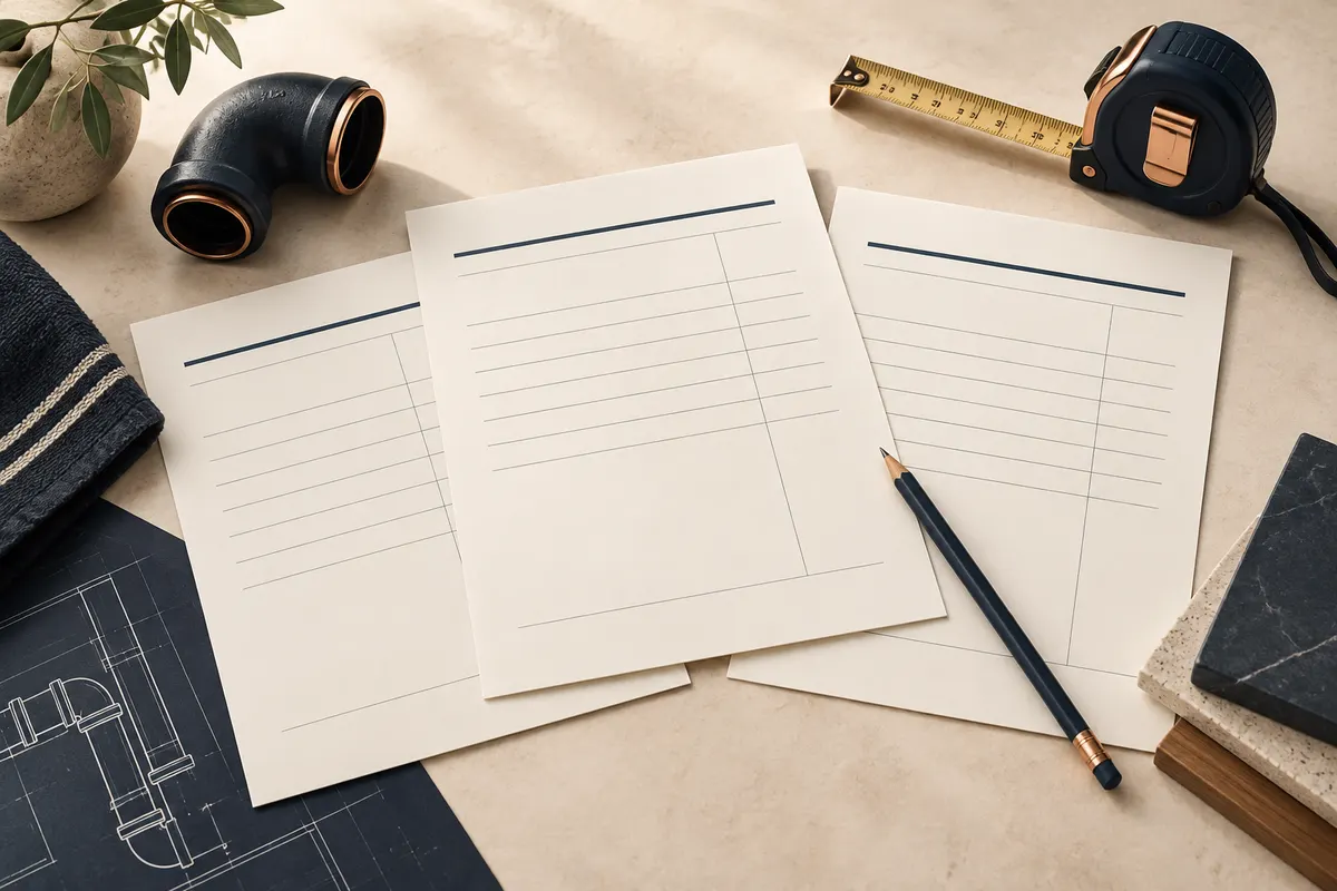 Illustration de documents de devis, d’un crayon et d’un mètre pour préparer un budget de rénovation.